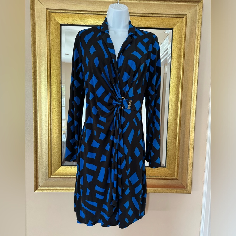 Calvin Klein Blue Black Wrap Dress Gold Hardware 4